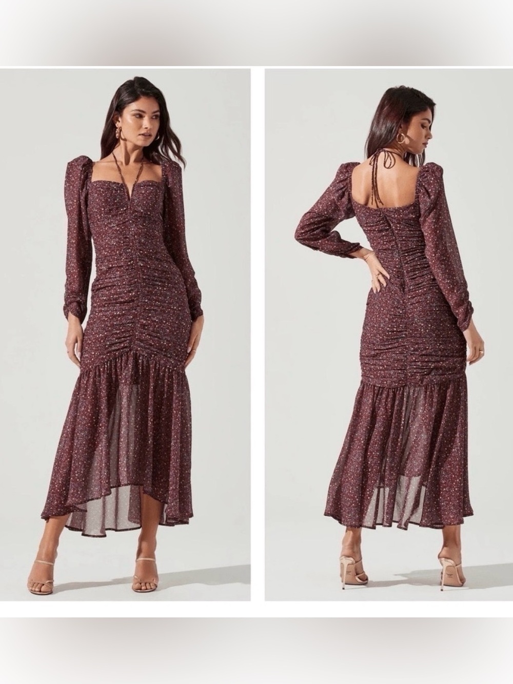 ASTR Athena Floral Ruched Long Sleeve Midi Dress Brown Purple Ditsy